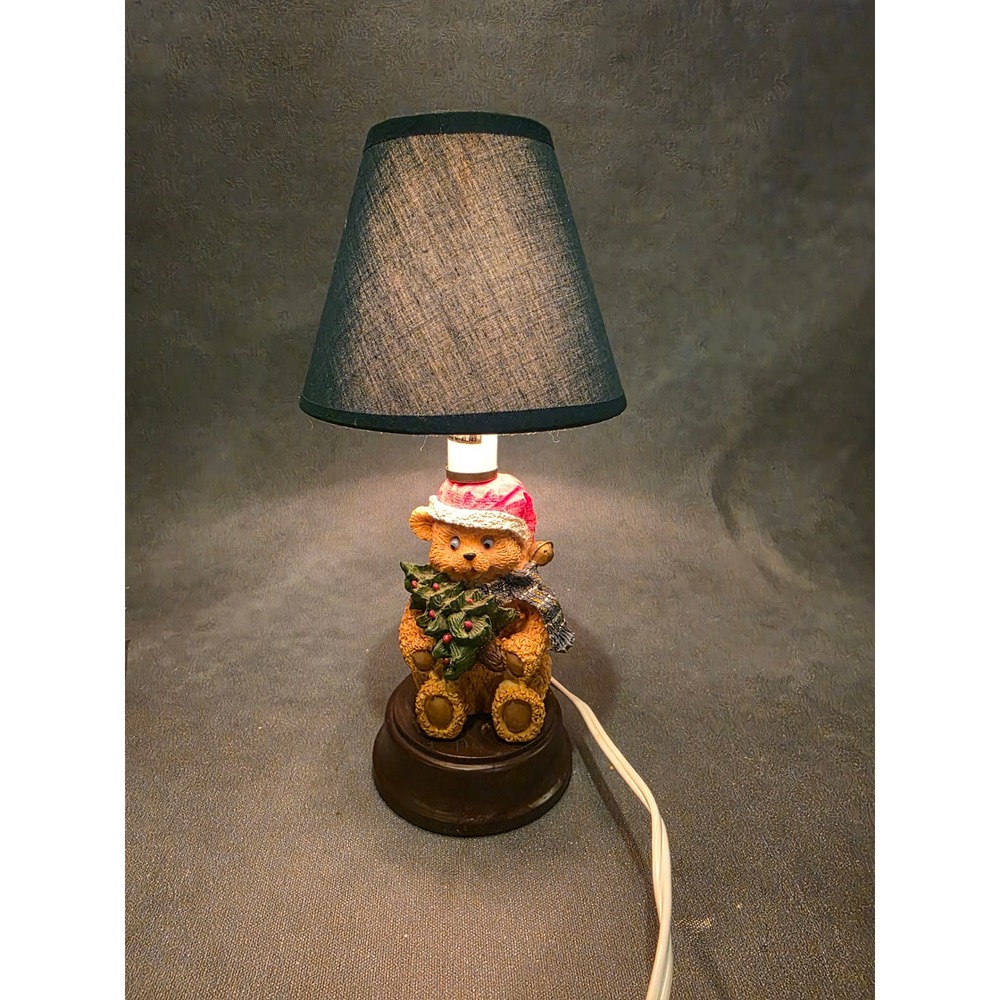 Vintage Christmas Teddy Bear Accent Lamp Santa Hat Scarf Green Shade E109571